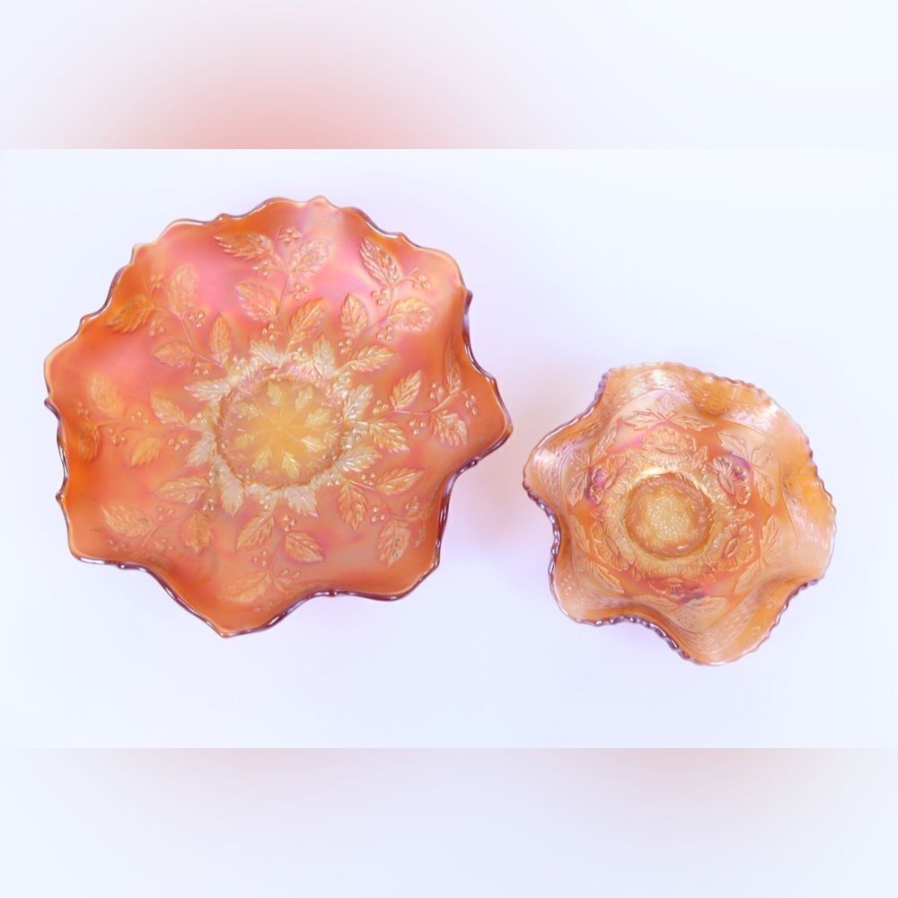 Set of 2 Marigold Carnival Glass Bowls - Fenton Holly.